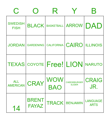 Cory B Bingo Card