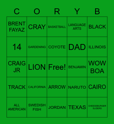 CORY B Bingo Card