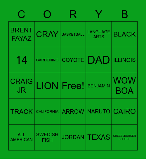 CORY B Bingo Card