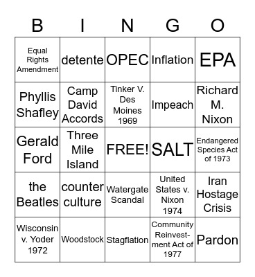 Nixon, Ford, Carter Bingo Card