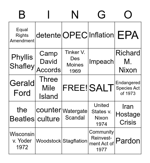 Nixon, Ford, Carter Bingo Card