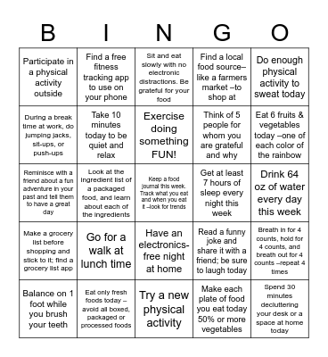 Penumbra Health & Fitness Bingo Card