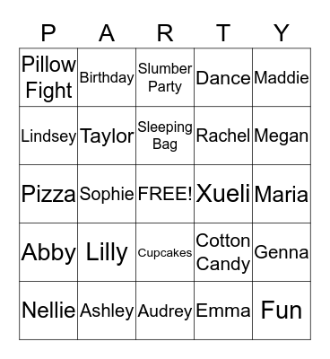 Anna's Birthday Party Bingo Card