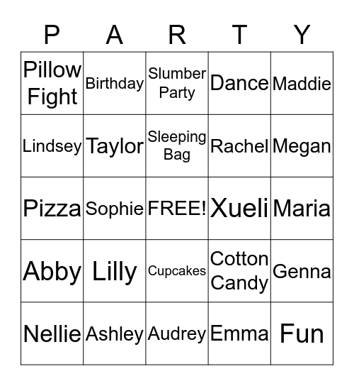 Anna's Birthday Party Bingo Card