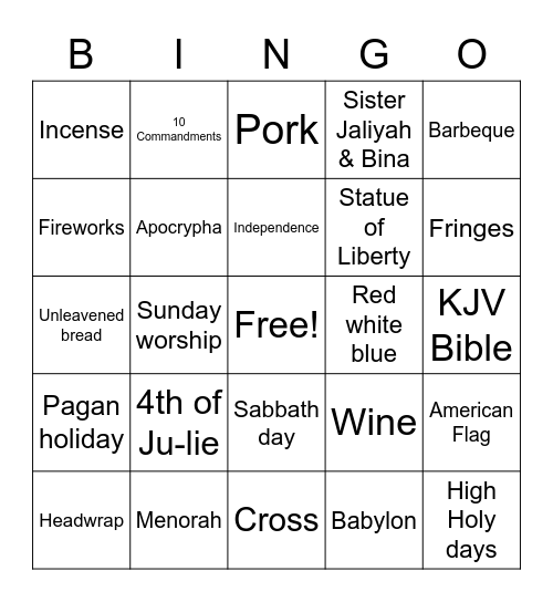 Happy Sabbath! Bingo Card