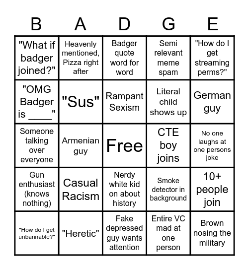 Badgers General VC Bingo Card