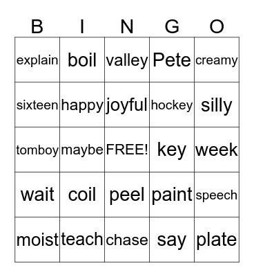 /oi/ and /oy/, long e and long a patterns Bingo Card