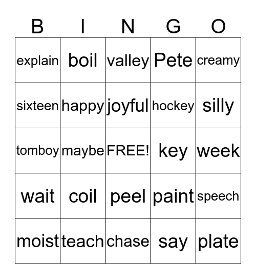 /oi/ and /oy/, long e and long a patterns Bingo Card