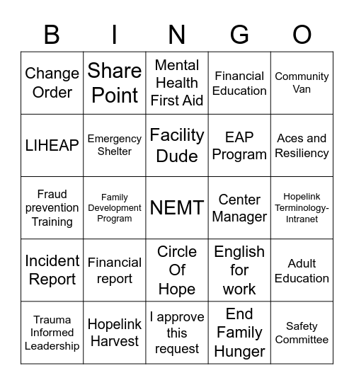 HOPELINK - Team Building Bingo Card