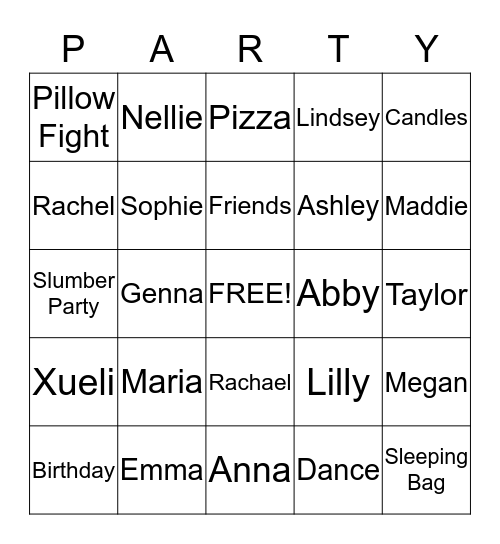 Anna's Birthday Party Bingo Card