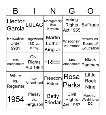 Civil Rights Review Bingo Card