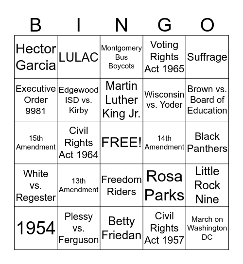 Civil Rights Review Bingo Card