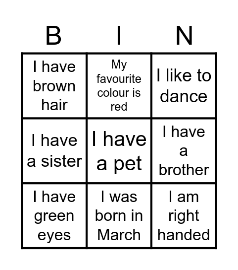 All about me! Bingo Card