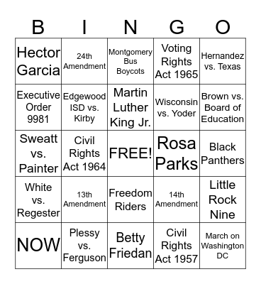 Civil Rights Review Bingo Card