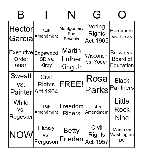 Civil Rights Review Bingo Card