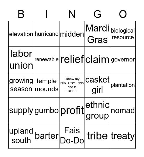 Louisiana History Vocabulary Bingo Card