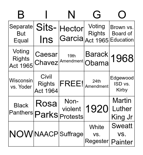 Civil Rights Review Bingo Card