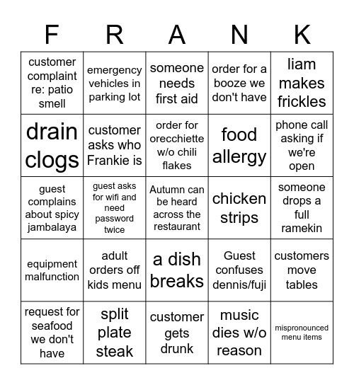 Frankie's Bingo Card