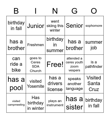 Ceres SDA Youth Bingo Card