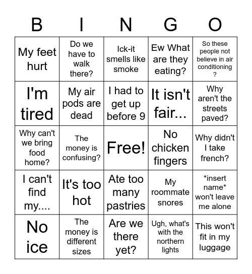 Complain-O Bingo Card