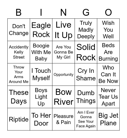 Aussie Rock Bingo Card