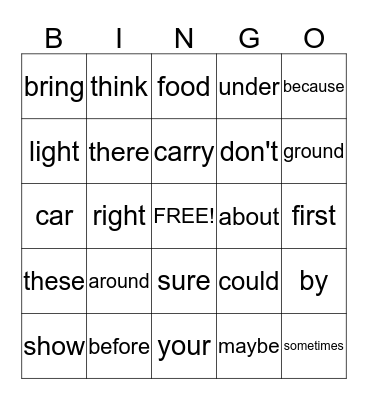 Sight Words Unit 4 Bingo Card