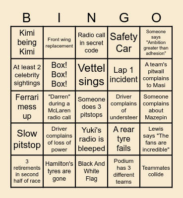 F1NGers British GP Bingo Card