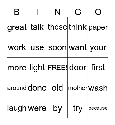 Sight Words Unit 4-Part 2 Bingo Card