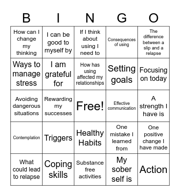 Substance Abuse Bingo Card