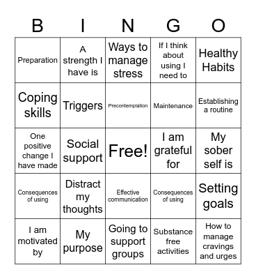 Substance Abuse Bingo Card