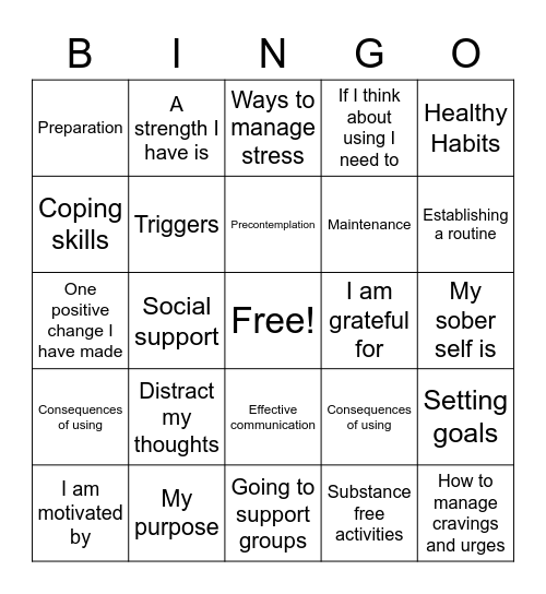 Substance Abuse Bingo Card