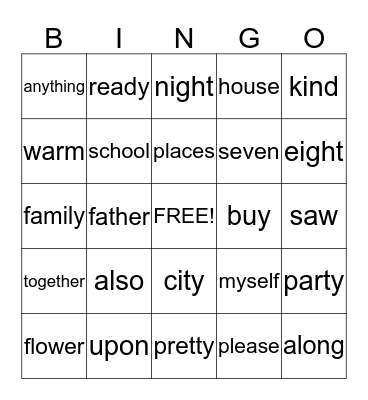Sight Words Unit 5-Part 2 Bingo Card