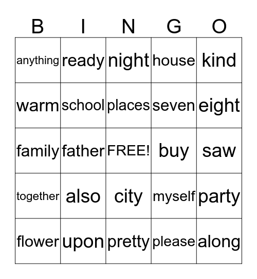 Sight Words Unit 5-Part 2 Bingo Card