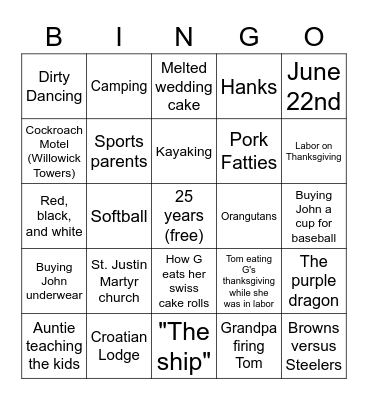 Ginger and Tom's 25th Anniversary Bingo Card