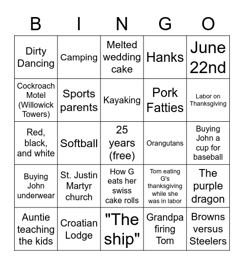 Ginger and Tom's 25th Anniversary Bingo Card