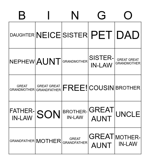 FAMILY MEMBERS BINGO Card