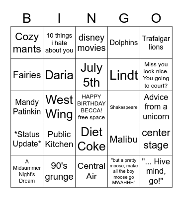 Becca's Faves Bingo Card