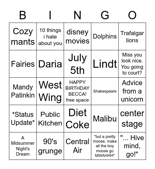 Becca's Faves Bingo Card