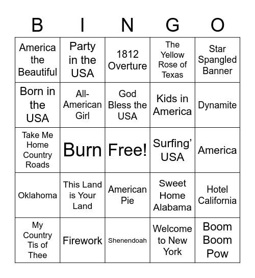 Fourth of July Music Bingo Card