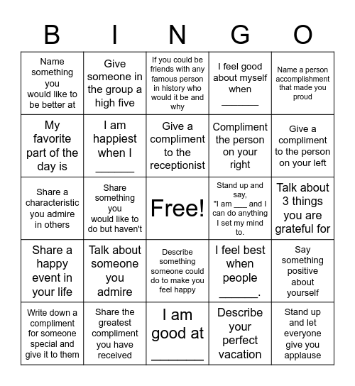 Self Esteem Bingo Card