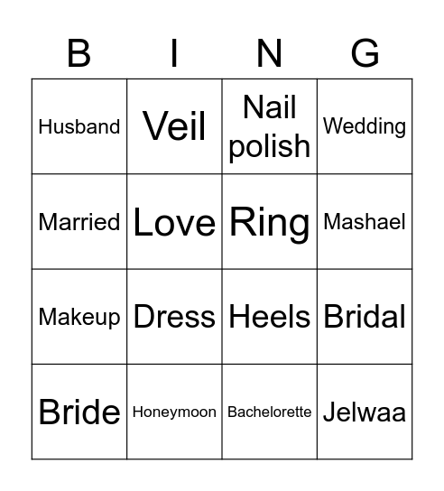 Mashael's Bridal Bingo Card