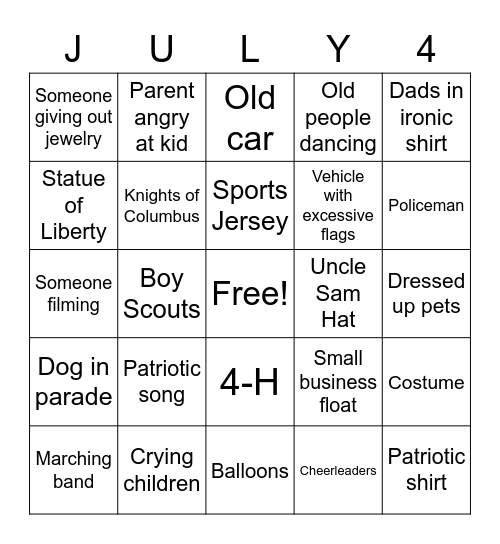4th of July Parade Bingo Card