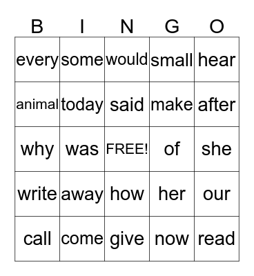 Sight Words Unit 2  Bingo Card
