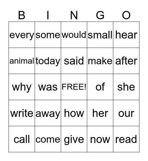 Sight Words Unit 2  Bingo Card