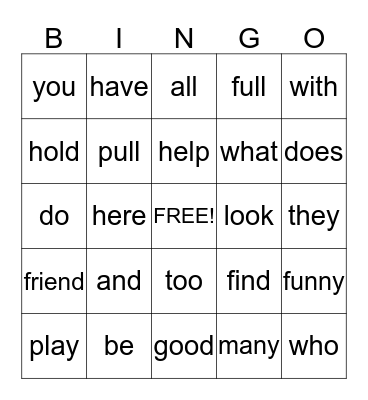 Sight Words Unit 1 Bingo Card