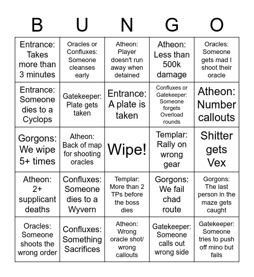 VoG Raid Bingo Card