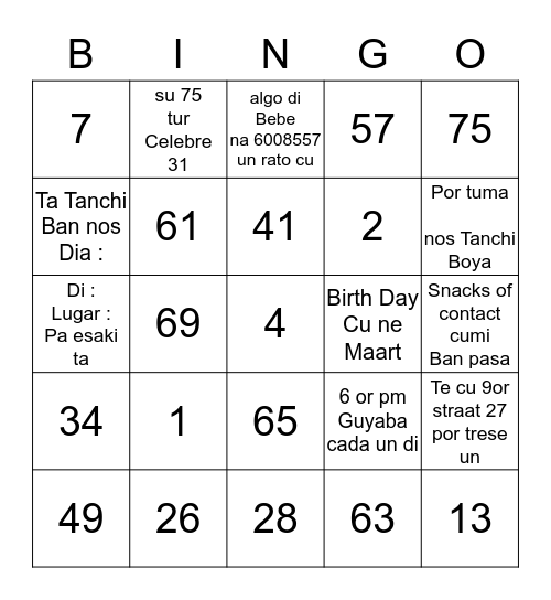 Tanchi's Viola 75th BirthDay Bingo Card