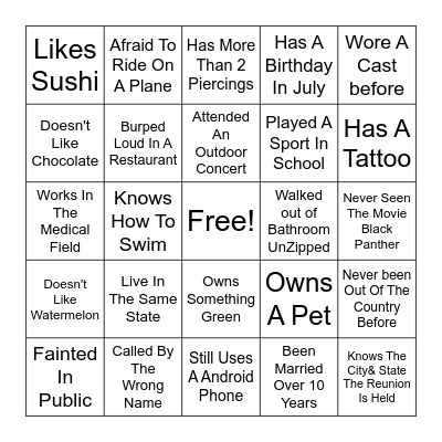 Reunion Bingo Card