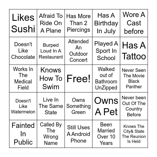 Reunion Bingo Card