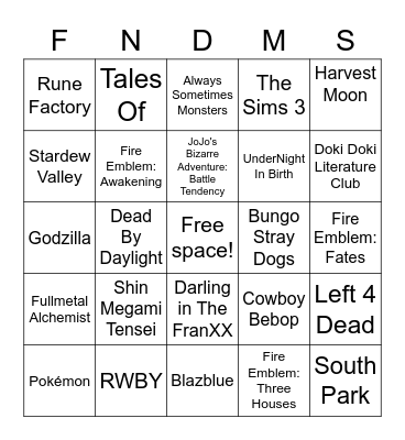 Ollie's Fandoms Bingo Card